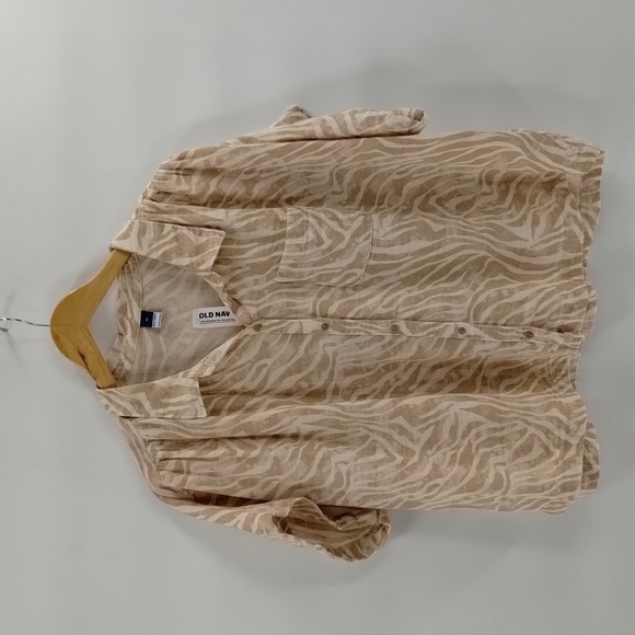 Old Navy tan cream zebra stripe size XL button down crop blouse short sleeve - Picture 1 of 5